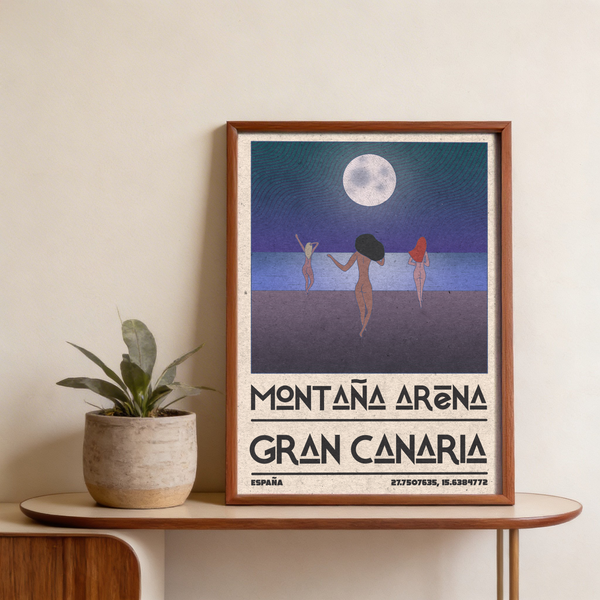 Nude Beach Art Print travel poster with back-view nudes on sand