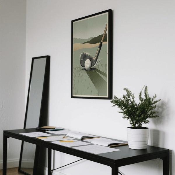 Detailed clubface grooves wall art print with golf ball resting in grass blades