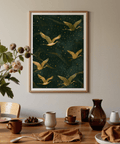 Displaying patterned crane wall art poster with long-legged birds and flowing shapes