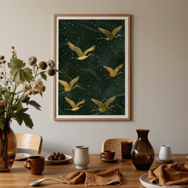 Displaying patterned crane wall art poster with long-legged birds and flowing shapes