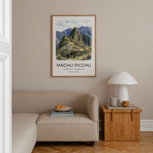 Watercolor travel poster of Peruvian citadel with misty green terraces