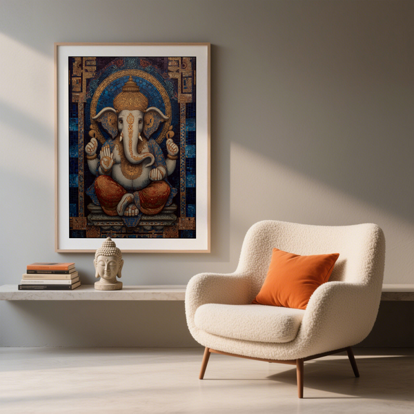Front view Ganesha Wall Art poster with central motif and decorative border frame
