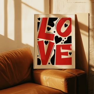 Playful typographic print featuring LOVE letters, curved shapes, and small hearts
