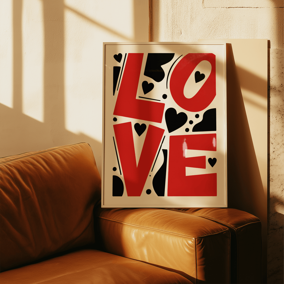 Playful typographic print featuring LOVE letters, curved shapes, and small hearts
