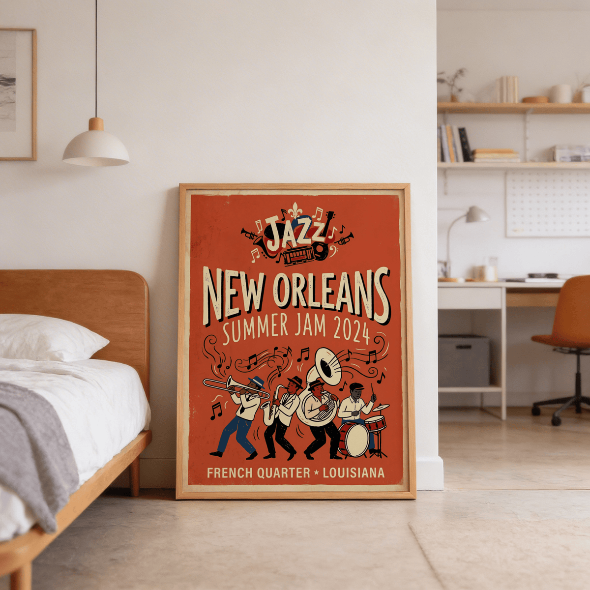 Retro music poster with large NEW ORLEANS headline and jazz typography