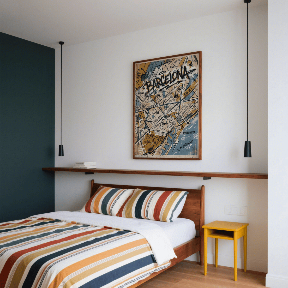 Graphic Barcelona map print with sketched roads, district labels, and coastal outline