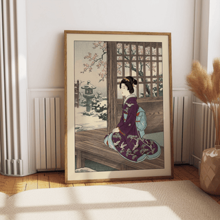 Interior poster of a geisha in patterned kimono seated near shoji window