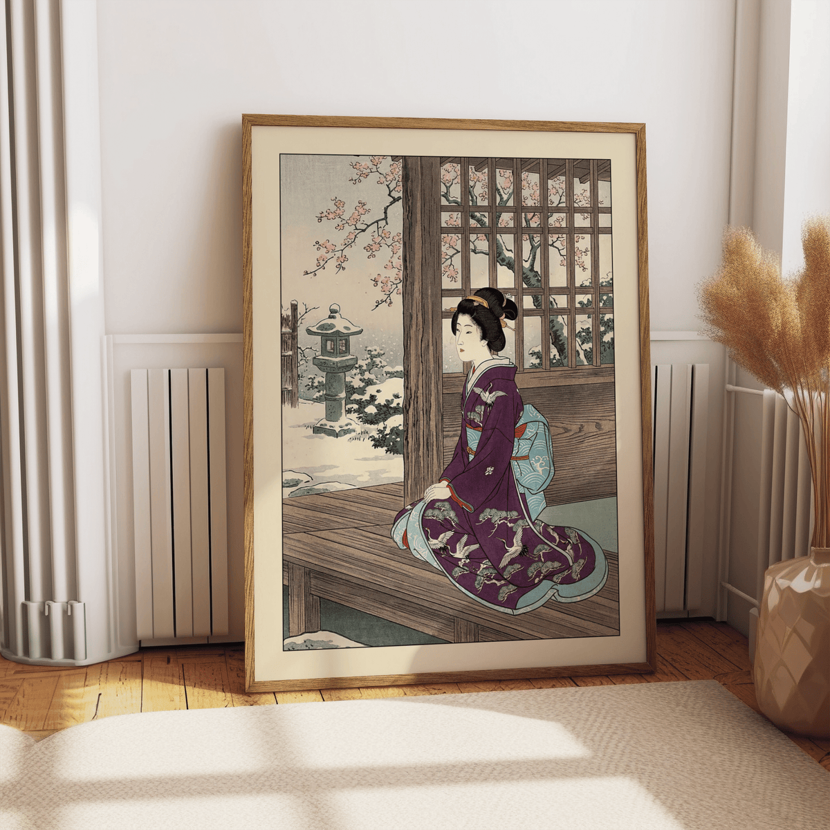 Interior poster of a geisha in patterned kimono seated near shoji window