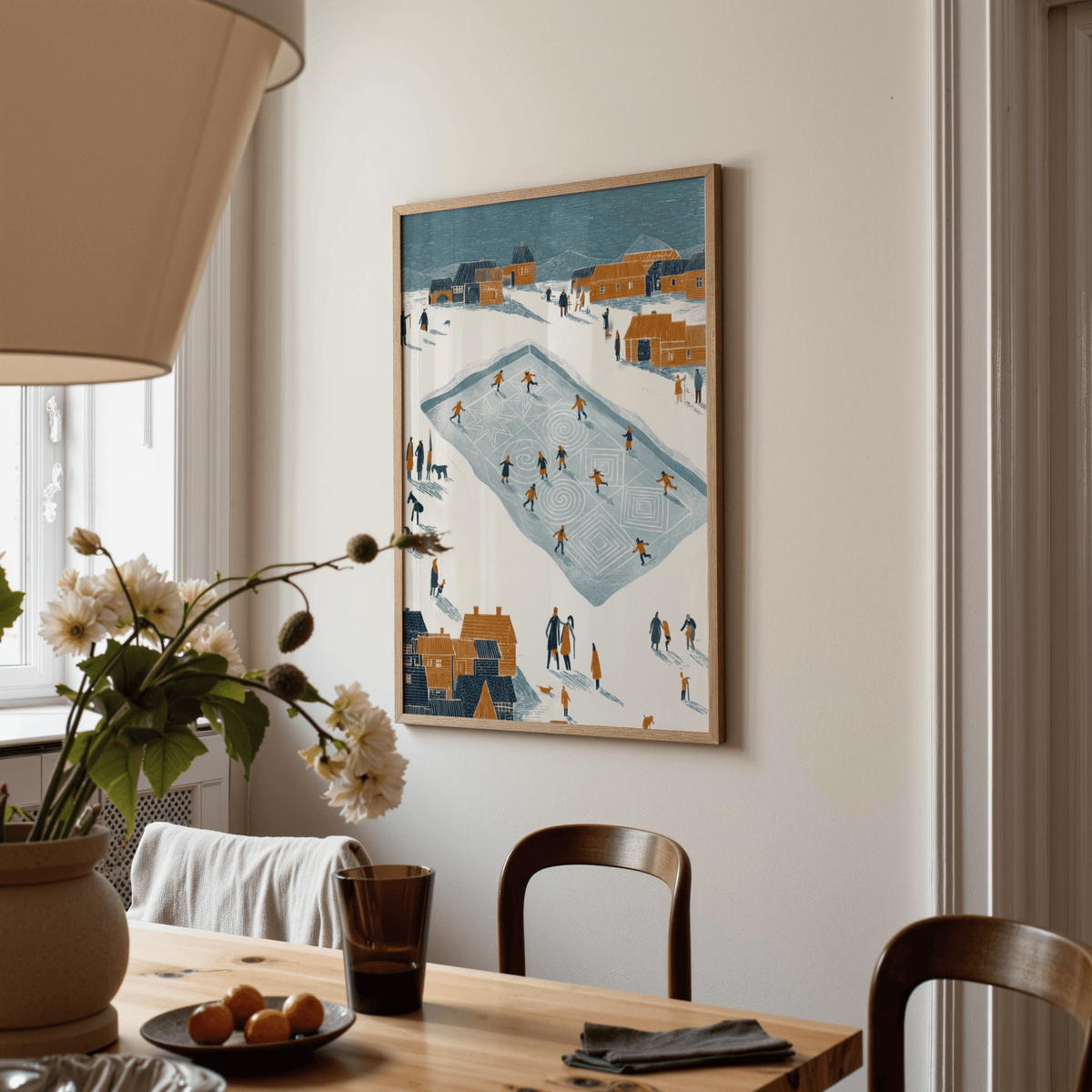 Ice Skating Poster showing skaters, perfect blue art for den wall decor