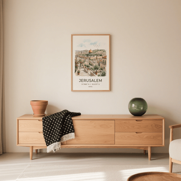 Panoramic Jerusalem Art Print with architectural towers, stone walls, and open sky