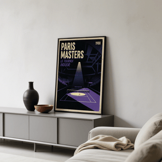 Paris Masters Art Print poster featuring PARIS MASTERS lettering and indoor tennis court under a spotlight