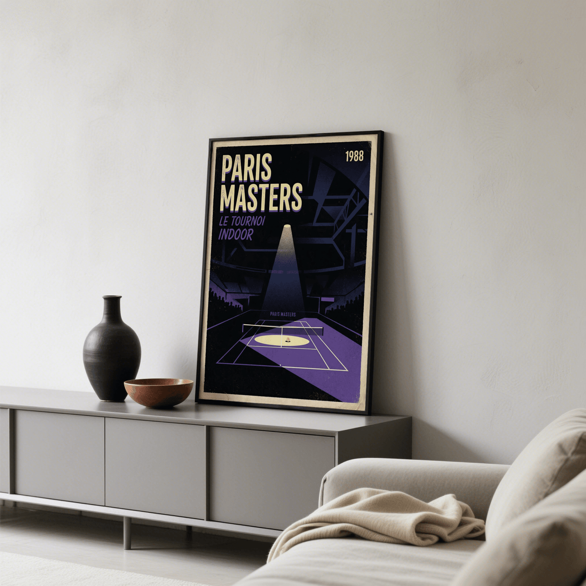 Paris Masters Art Print poster featuring PARIS MASTERS lettering and indoor tennis court under a spotlight