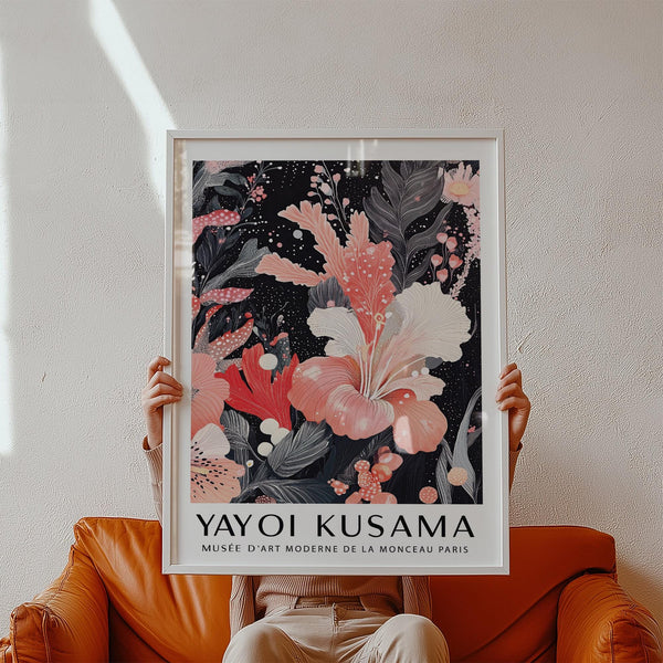 Black and pink wall art featuring coral-toned petals and fine inked details