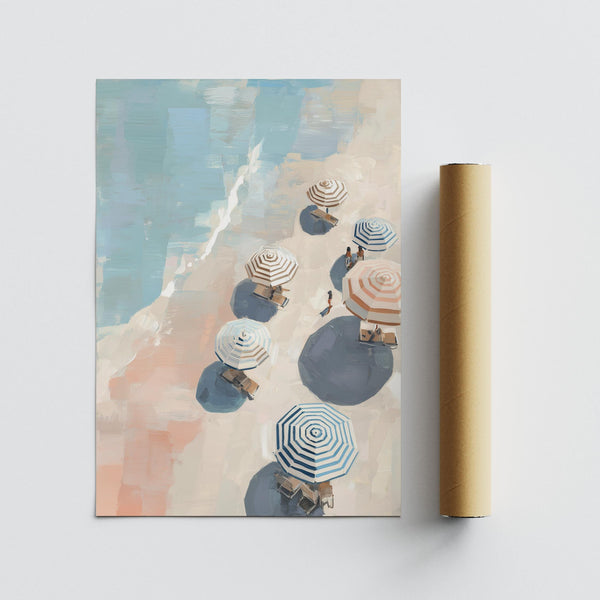 Coastal wall art beach umbrella print with abstract textured finish.