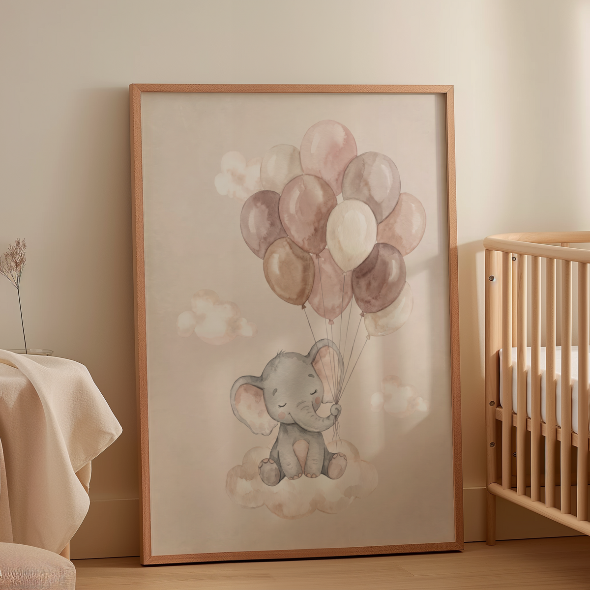 Minimal nursery wall art print with an elephant character and balloon bouquet