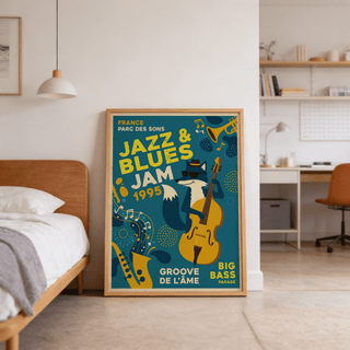 Vintage jazz poster style wall art with French festival text and bold blocks