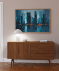 Blue Artwork City abstract wall art print, Blue and Orange, for home office