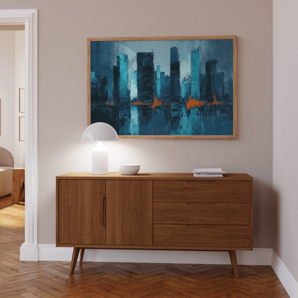 Blue Artwork City abstract wall art print, Blue and Orange, for home office