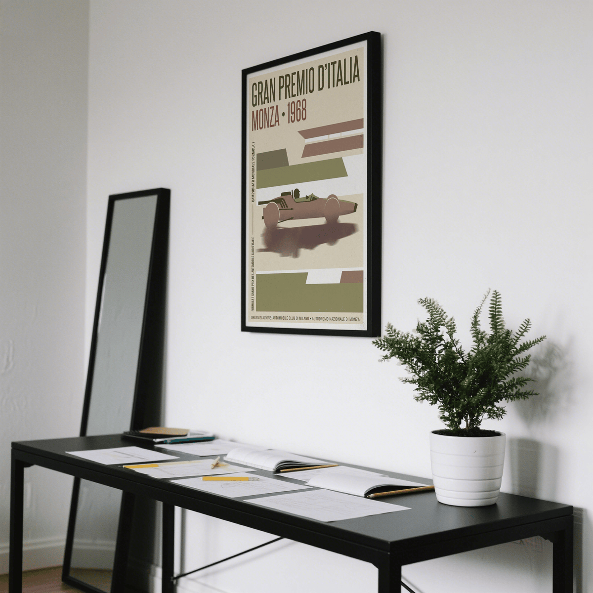 Retro Italian Grand Prix poster print with Monza 1968 type and layered stripe background