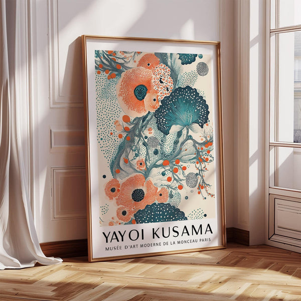 Decorative abstract floral poster in deep teal and warm orange tones