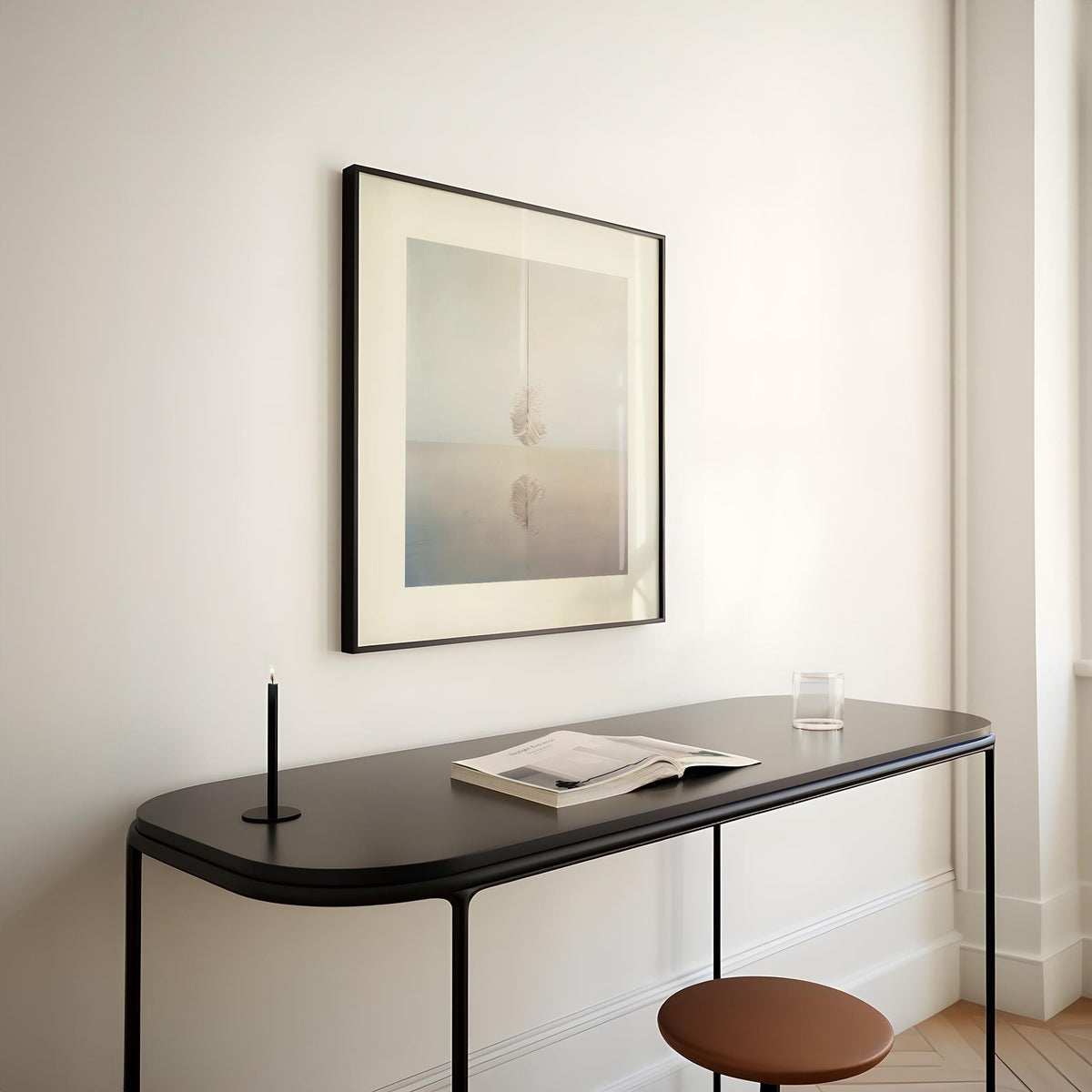 Abstract dreamlike poster with a floating feather and reflection symmetry