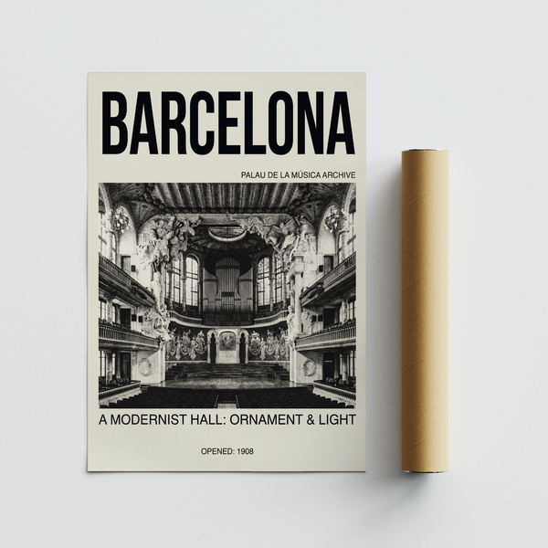 Modernist Architecture Art Print poster with “Opened: 1908” line and grand auditorium interior photograph