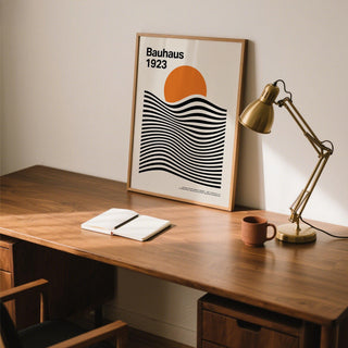 Minimalist Sun and Mountain Wall Art with abstract curves and Bauhaus color scheme.