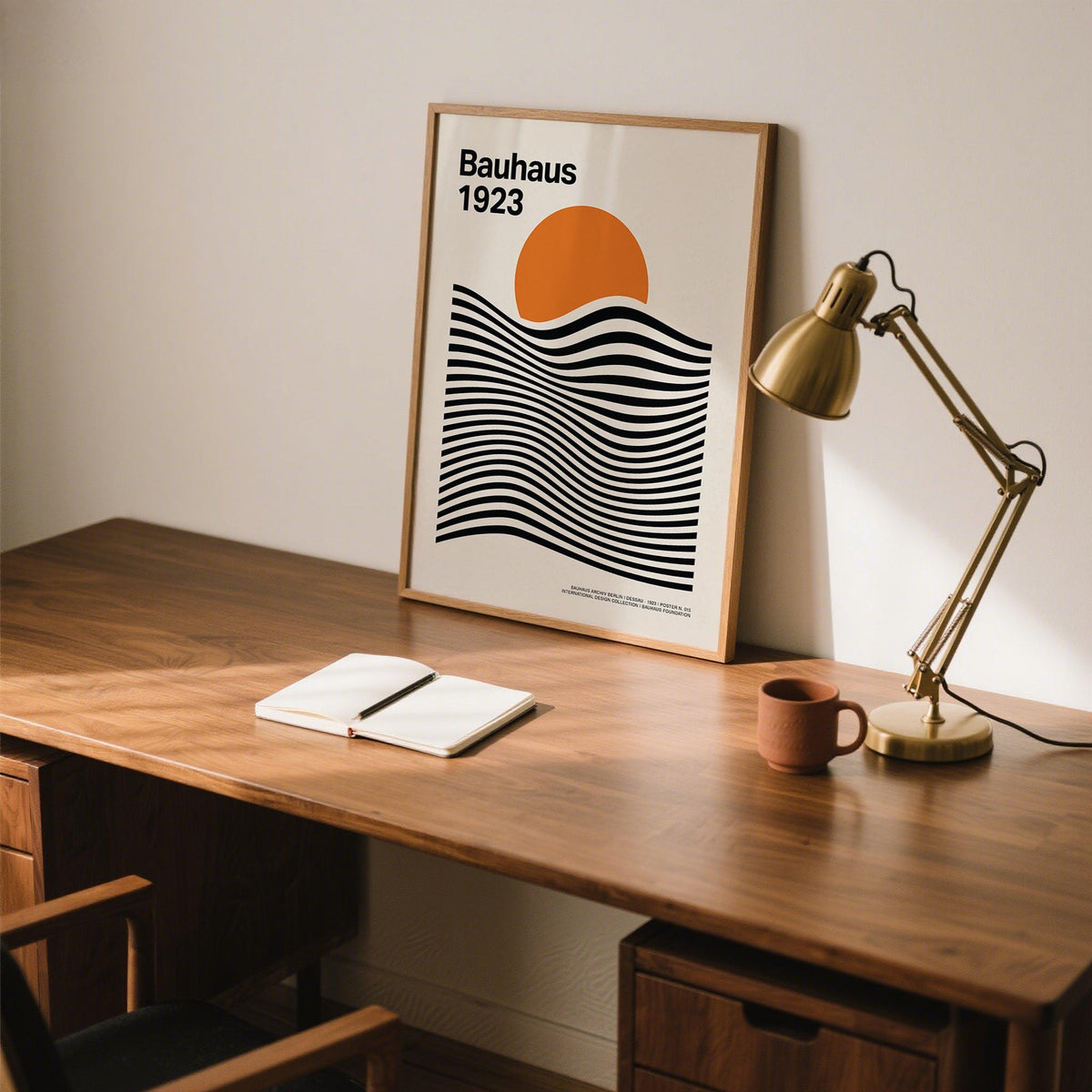 Minimalist Sun and Mountain Wall Art with abstract curves and Bauhaus color scheme.