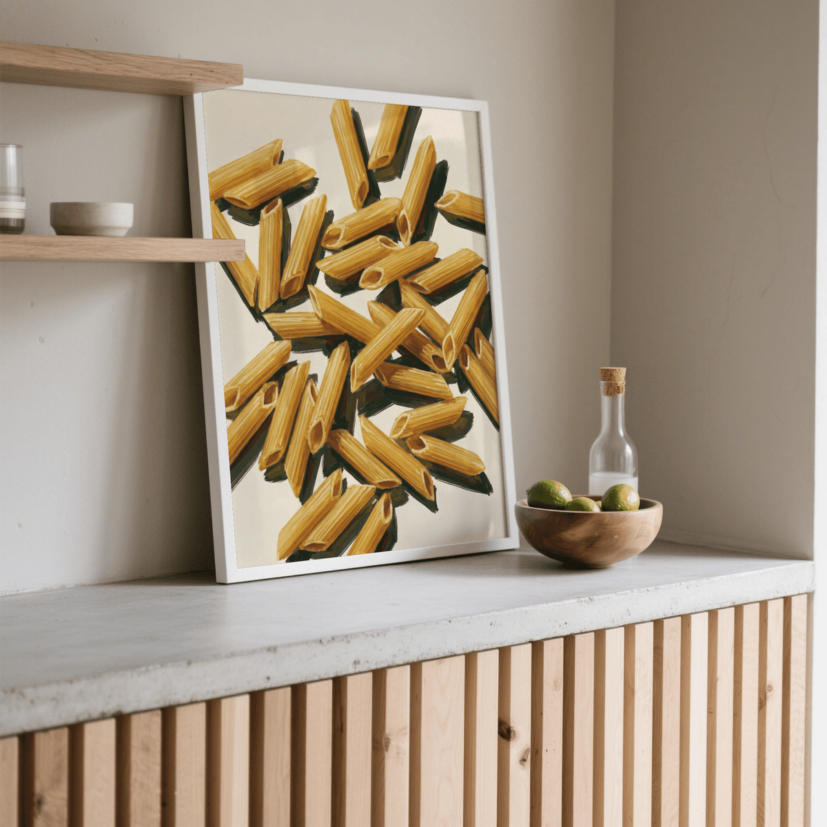 Poster print of Pasta Penne Art, Beige and Yellow, kitchen interior