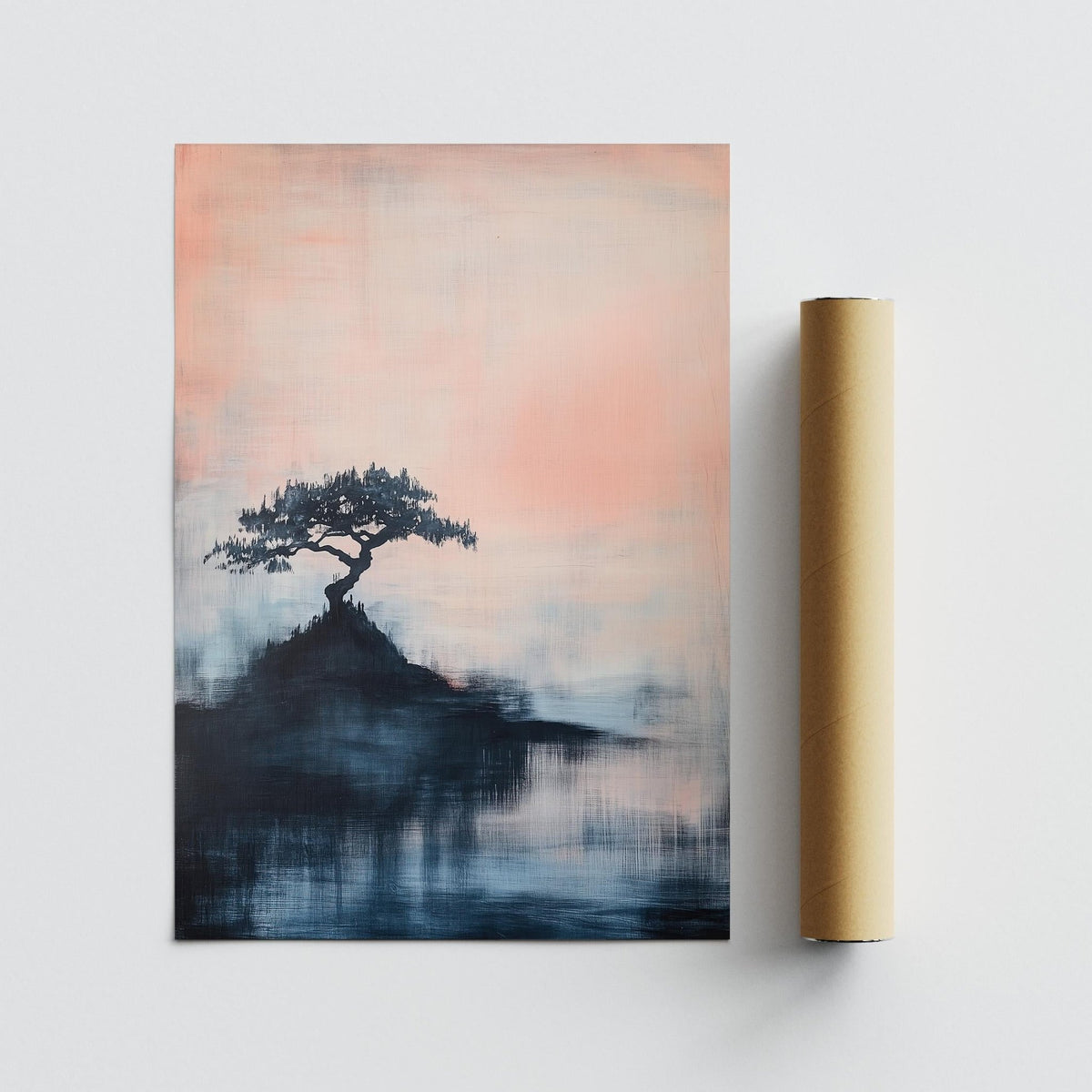 Japanese abstract art in soft pink and navy hues with peaceful atmosphere.