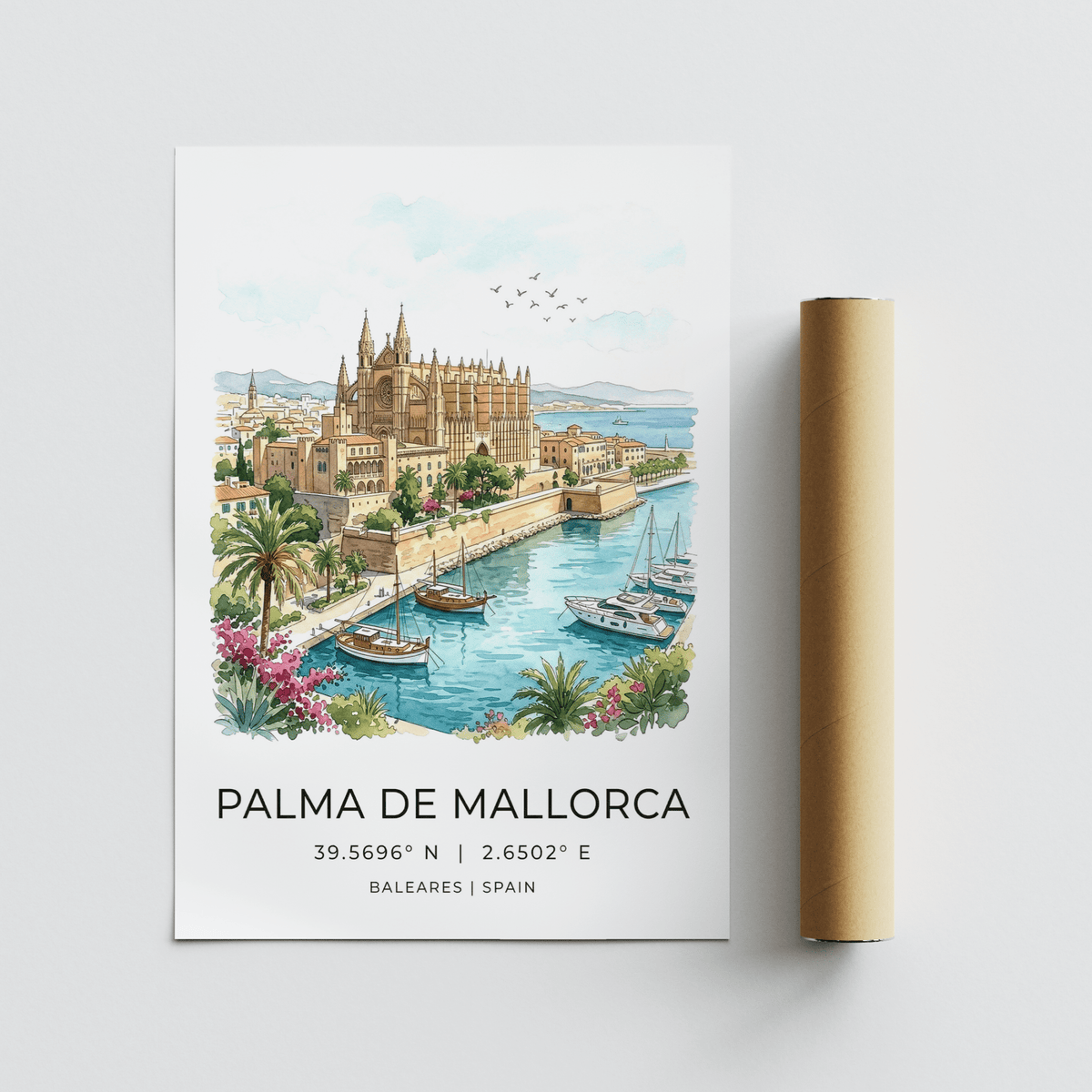 Birds in open sky above cathedral on Palma De Mallorca Art Print travel wall art