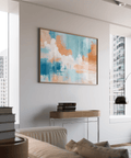 dining room wall art print of blue pink abstract painting with Blue, Pink, Orange, White
