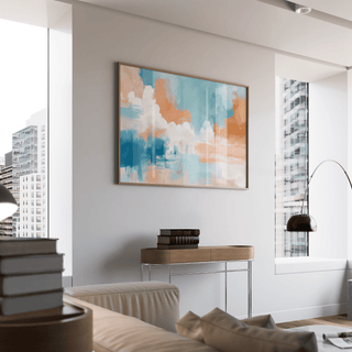 dining room wall art print of blue pink abstract painting with Blue, Pink, Orange, White