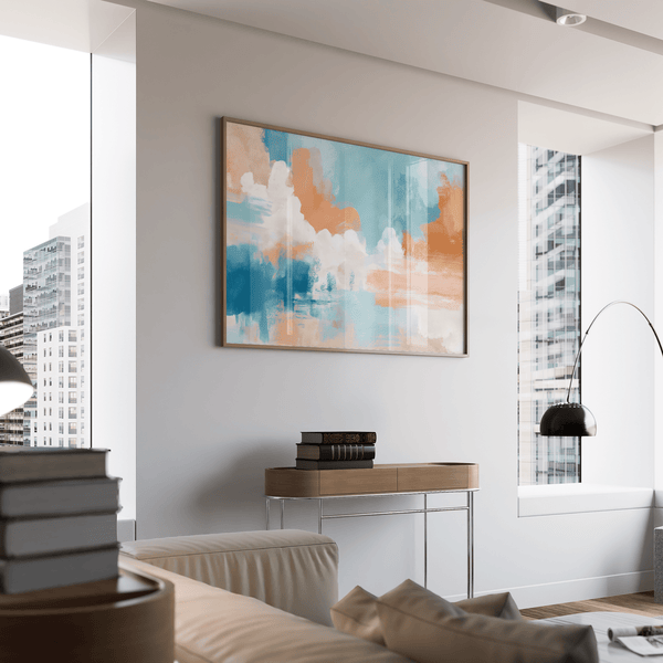 dining room wall art print of blue pink abstract painting with Blue, Pink, Orange, White