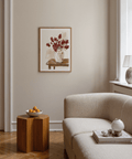 Painterly still life print showing red berry sprigs in clear vase