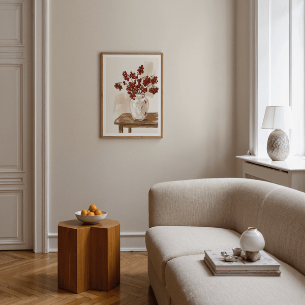 Painterly still life print showing red berry sprigs in clear vase