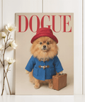 Red, blue, beige, and brown decor with Paddingtron Bear Pomeranian wall art for hallway