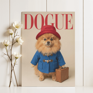 Red, blue, beige, and brown decor with Paddingtron Bear Pomeranian wall art for hallway