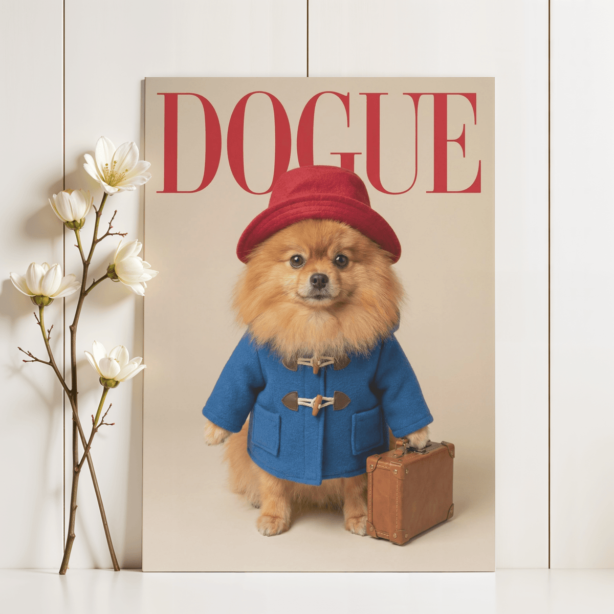 Red, blue, beige, and brown decor with Paddingtron Bear Pomeranian wall art for hallway