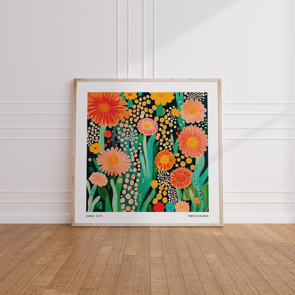 Yayoi Kusama inspired flowers print with dotted patterns and botanical colors.