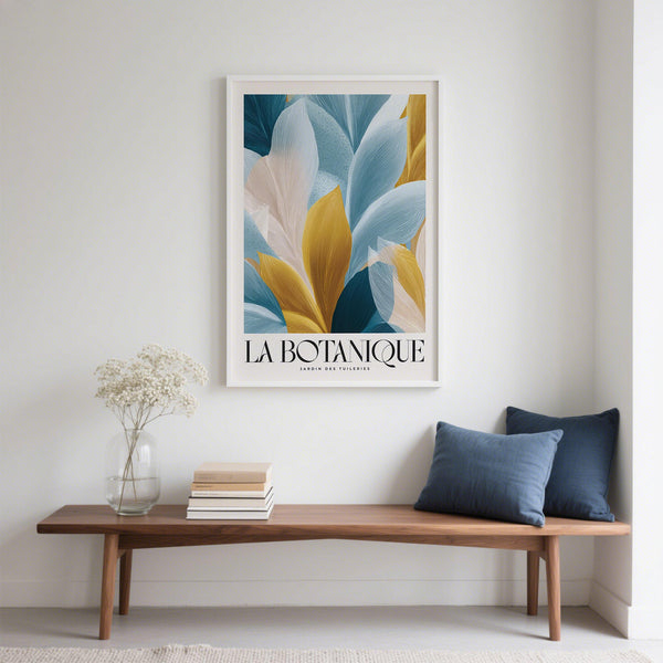 Abstract botanical poster, wall art blue and gold print