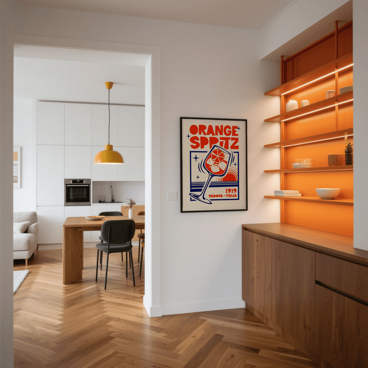 Illustrated Orange Spritz Poster showing citrus garnish, ice cubes, and bold headline text