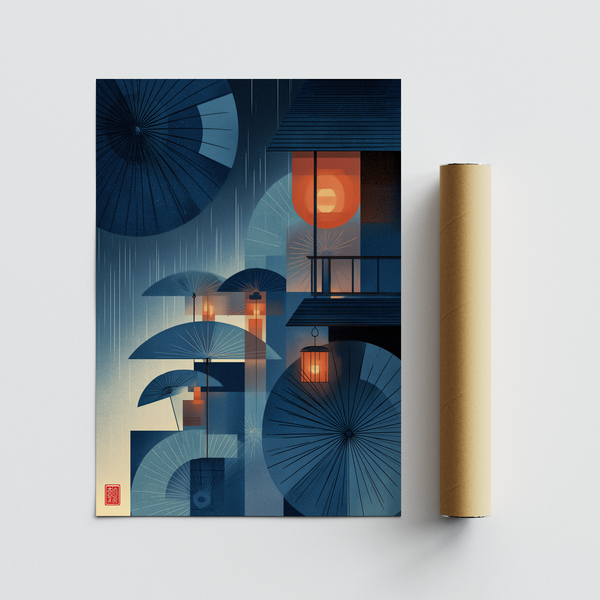 Night rain umbrella wall art print with large cropped parasols and glow circle