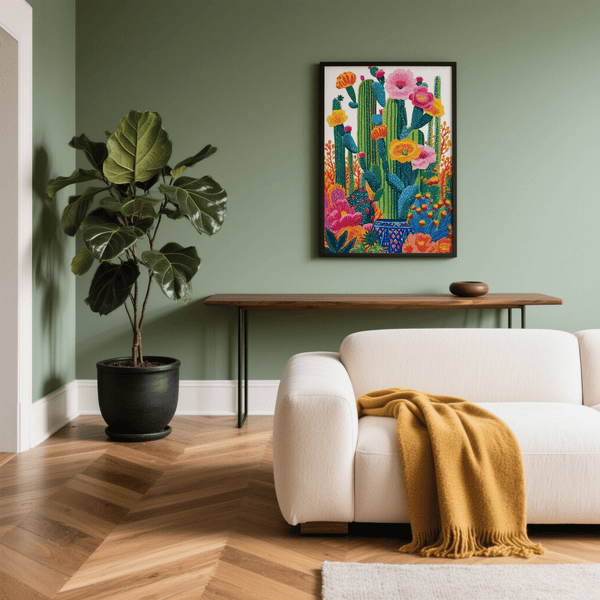 Cactus Floral Wall Art yellow blue botanical for study print