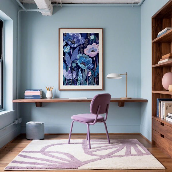 Botanical Purple Home Decor with navy leaves and dotted petal details.