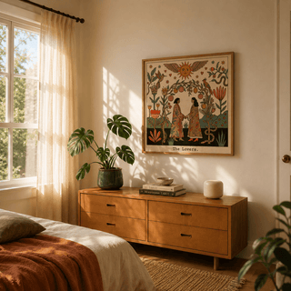 Framed view of tarot poster with symmetrical garden scene and title text at the bottom