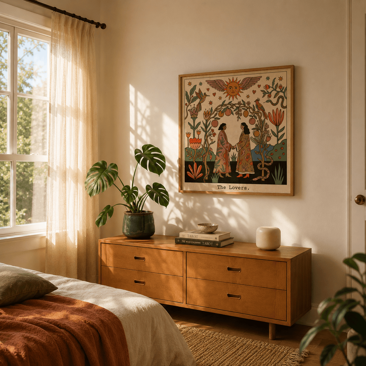 Framed view of tarot poster with symmetrical garden scene and title text at the bottom