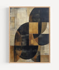 Minimalist Japanese geometric wall art in black, burnt orange, and beige, perfect for Japandi style
