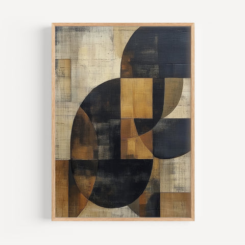 Minimalist Japanese geometric wall art in black, burnt orange, and beige, perfect for Japandi style
