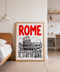 Minimal skyline artwork featuring Colosseum centerpiece and domed basilica